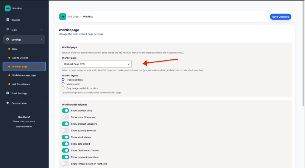 WordPress page containing the IPS Order Wishlist shortcode.