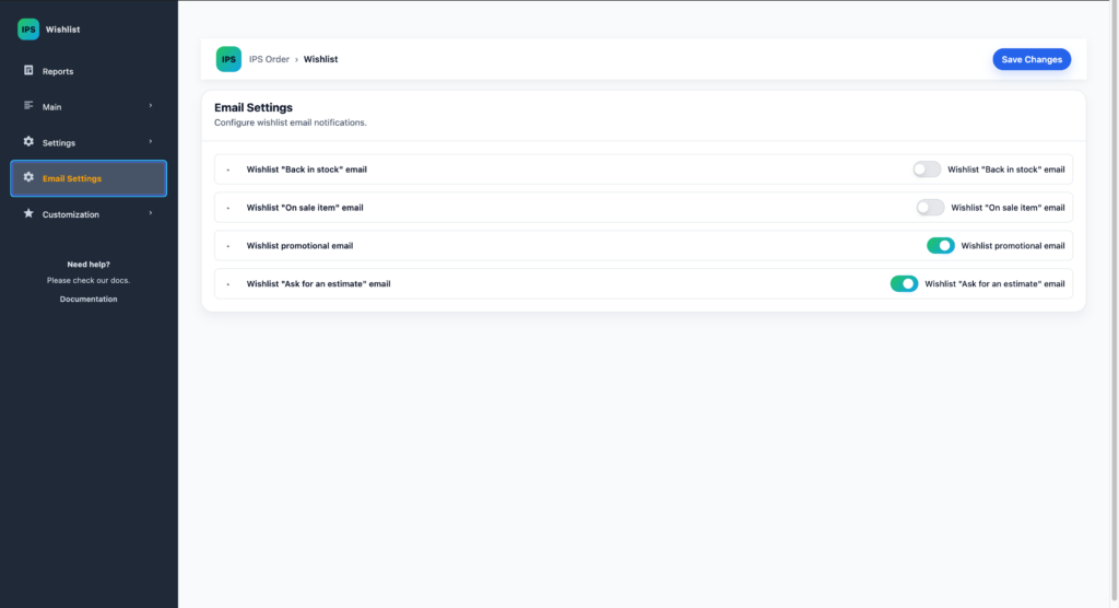 Back-in-stock email settings for IPS Order Wishlist.