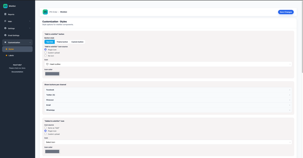 Wishlist button style settings in IPS Order Wishlist.