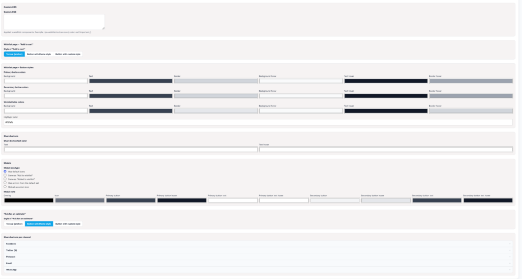 Wishlist page and sharing style settings in IPS Order Wishlist.